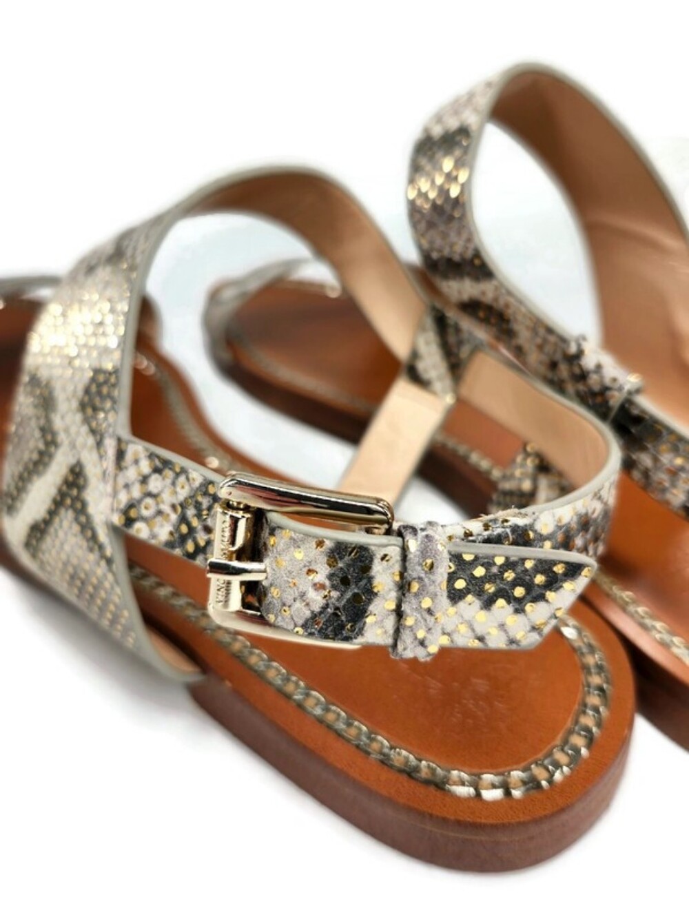 Vince Camuto Rentin Grey & White Snake Print Gold Shimmer Leather Flat Sandals - Picture 9 of 13